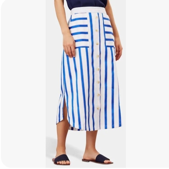 JOULES Orielle Linen Blend Midi Skirt White Blue Stripe NEW Coastal Size 2 - Picture 2 of 16